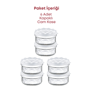 6 Adet Beyaz Plastik Kapaklı Kahvaltılık Cam Kase- Kahvaltılık Saklama Kabı 415 Cc