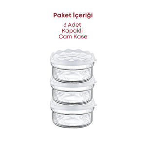 3 Adet Beyaz Plastik Kapaklı Kahvaltılık Cam Kase- Kahvaltılık Saklama Kabı 415 Cc
