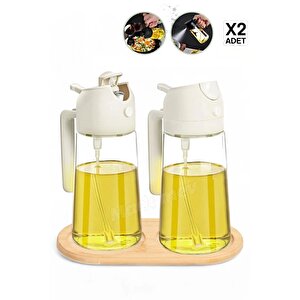 2'li Bambu Stantlı Çift Fonksiyonlu Sprey Dökme Cam Yağdanlık 450ml Yağlık Sıvıyağ Şişesi Airfryer