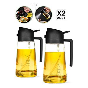 2li Çift Fonksiyonlu Cam Yağdanlık 450ml Zeytinyağı Sıvıyağ Şişesi Airfryer Sprey Yağlık Püskürtücü