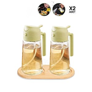 2'li Bambu Stantlı Çift Fonksiyonlu Cam Yağdanlık 450ml Sprey Dökme  Sıvıyağ Şişesi Airfryer Yağlık