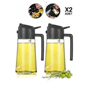 2 Adet Çift Fonksiyonlu Cam Yağdanlık 450ml Zeytinyağı Sıvıyağ Şişe Gri Airfryer Sprey Yağlık Sirkel