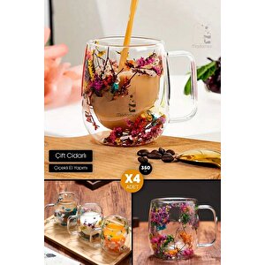 4lü Çift Cidarlı Çiçekli Flower Cup Bardak 350 Ml El Yapımı Borosilikat Kulplu Kahve Sunum Bardağı
