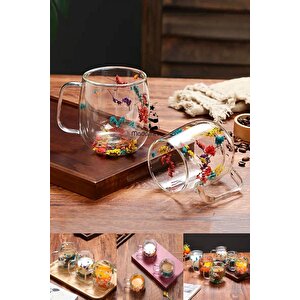 4lü Çift Cidarlı Çiçekli Flower Cup Bardak 350 Ml El Yapımı Borosilikat Kulplu Kahve Sunum Bardağı