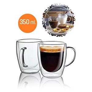 Çift Camlı Çift Cidarlı Cam Kupa 350 Ml Ev Ofis Fincanı Çift Katlı Isı Yalıtımlı Kulplu Cam Bardak