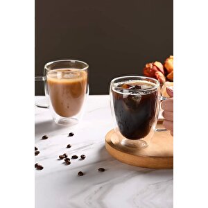 Çift Camlı Çift Cidarlı Cam Kupa 350 Ml Ev Ofis Fincanı Çift Katlı Isı Yalıtımlı Kulplu Cam Bardak