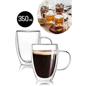 Çift Camlı Çift Cidarlı Cam Kupa 350 Ml Ev Ofis Fincanı Çift Katlı Isı Yalıtımlı Kulplu Cam Bardak