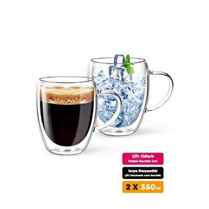 2'li Çift Cidarlı Bardak 350ml Isıya Dayanıklı Borosilikat Espresso Sunum Bardağı Kulplu Kahve Kupa