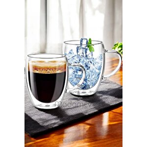 2'li Çift Cidarlı Bardak 350ml Isıya Dayanıklı Borosilikat Espresso Sunum Bardağı Kulplu Kahve Kupa
