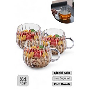 4lü Çizgili Still Cam Bardak 250 Ml Isıya Dayanıklı Kulplu Çay Fincanı Kahve Sunum Bardağı Kupa