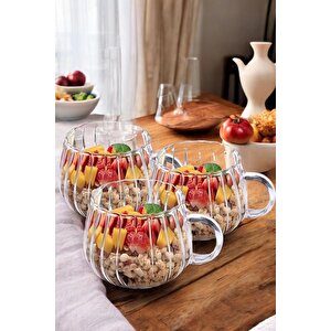 4lü Çizgili Still Cam Bardak 250 Ml Isıya Dayanıklı Kulplu Çay Fincanı Kahve Sunum Bardağı Kupa