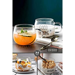 4lu Good Morning Kupa Cam Bardak Isıya Dayanıklı Kulplu Stil Kahve Sunum Kahvaltı Süt Bardağı 350ml