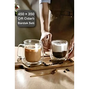 2'li Çift Cidarlı Bardak Seti 350+450 Ml Isıya Dayanıklı Espresso Sunum Bardağı Kulplu Kahve Kupası
