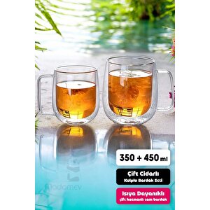 2'li Çift Cidarlı Bardak Seti 350+450 Ml Isıya Dayanıklı Espresso Sunum Bardağı Kulplu Kahve Kupası