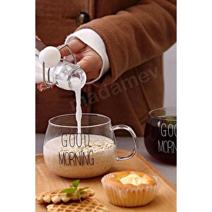 2li Good Morning Kupa Cam Bardak Isıya Dayanıklı Kulplu Stil Kahve Sunum Kahvaltı Süt Bardağı 350ml