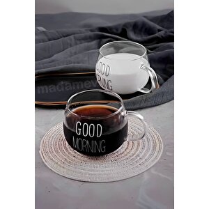 2li Good Morning Kupa Cam Bardak Isıya Dayanıklı Kulplu Stil Kahve Sunum Kahvaltı Süt Bardağı 350ml