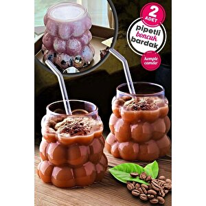 2li Boncuklu Pipetli Cam Bardak Üzüm Tanesi Şeklinde 350 Ml. Meşrubat Su Kahve Sunum Bardağı Seti