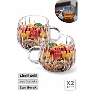 2'li Çizgili Still Cam Bardak 250 Ml Isıya Dayanıklı Kahve Sunum Bardağı Kupa Kulplu Çay Fincanı