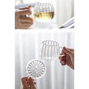 2'li Çizgili Still Cam Bardak 250 Ml Isıya Dayanıklı Kahve Sunum Bardağı Kupa Kulplu Çay Fincanı