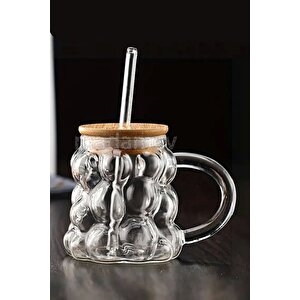 2li Bambu Kapaklı Üzüm Tanesi Boncuk Bardak 350ml Isıya Dayanıklı Cam Pipetli Kahve Sunum Bardağı