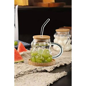 2li Bambu Kapaklı Üzüm Tanesi Boncuk Bardak 350ml Isıya Dayanıklı Cam Pipetli Kahve Sunum Bardağı