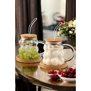 2li Bambu Kapaklı Üzüm Tanesi Boncuk Bardak 350ml Isıya Dayanıklı Cam Pipetli Kahve Sunum Bardağı