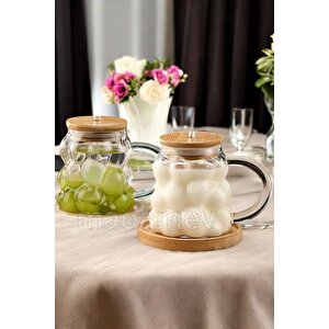 2li Bambu Kapaklı Üzüm Tanesi Boncuk Bardak 350ml Isıya Dayanıklı Cam Pipetli Kahve Sunum Bardağı