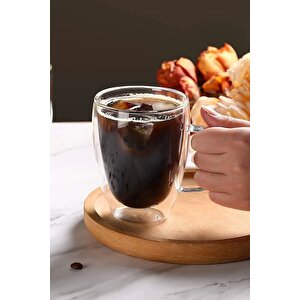 Çift Cidarlı Bardak Kupa 350 Ml Ev Ofis Espresso Kahve Çay Fincanı Borosilikat Kulplu Cam Bardak