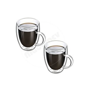 Çift Cidarlı Bardak Kupa 350 Ml Ev Ofis Espresso Kahve Çay Fincanı Borosilikat Kulplu Cam Bardak