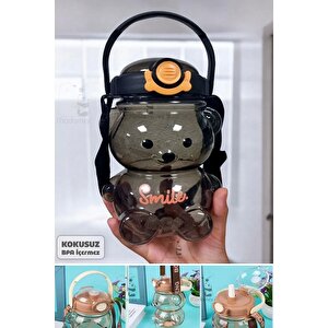 Şeffaf Smile Ayıcık Black Su Matarası 1000ml Askılı Çocuk Su Şişesi Pipetli Sızdırmaz Kokusuz Suluk