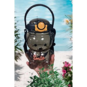 Şeffaf Smile Ayıcık Black Su Matarası 1000ml Askılı Çocuk Su Şişesi Pipetli Sızdırmaz Kokusuz Suluk