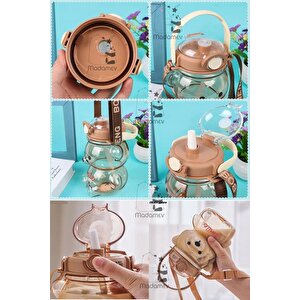 Şeffaf Smile Ayıcık Black Su Matarası 1000ml Askılı Çocuk Su Şişesi Pipetli Sızdırmaz Kokusuz Suluk