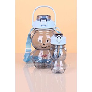 2li Şeffaf Smile Ayıcık Su Matarası 1000+400ml Çocuk Su Şişesi Pipetli Sızdırmaz Kapaklı Suluk Seti