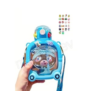 Sevimli Ayıcık Su Matarası Suluk Bpa İçermez Mavi Okul Kapaklı Su Şişesi Sticker Figürlü 1000 Ml