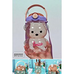 Şeffaf Smile Ayıcık Su Matara Purple 1000ml Askılı Çocuk Su Şişesi Pipetli Sızdırmaz Kokusuz Suluk