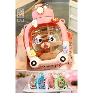 Sevimli Ayıcık Su Matarası Suluk Bpa İçermez Pembe Okul Kapaklı Su Şişesi Sticker Figürlü 1000 Ml