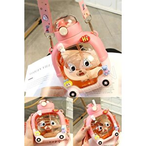 Sevimli Ayıcık Su Matarası Suluk Bpa İçermez Pembe Okul Kapaklı Su Şişesi Sticker Figürlü 1000 Ml