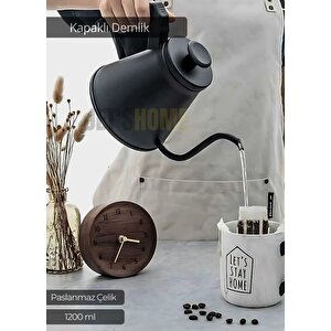 Kapaklı Demlik Paslanmaz Kahve Demliği İndüksiyon Uyumlu Çelik Büyük Boy Demlik 1200 Ml