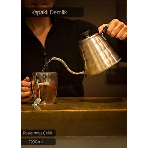 Kapaklı Demlik Paslanmaz Kahve Demliği İndüksiyon Uyumlu Çelik Büyük Boy Demlik İnox 1200 Ml