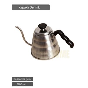 Kapaklı Demlik Paslanmaz Kahve Demliği İndüksiyon Uyumlu Çelik Büyük Boy Demlik İnox 1200 Ml