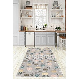 Makinede Yıkanabilir Leke Tutmaz  gri Pvc Deri Kaymaz Taban Bitki Mutfak Halısı 281-00 160x230 cm