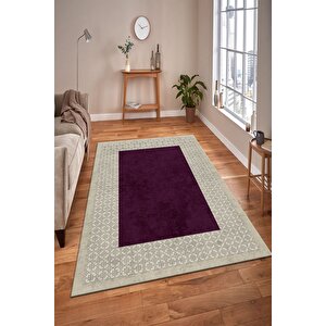 Makinede Yıkanabilir Leke Tutmaz  bej-mürdüm Pvc Deri Kaymaz Taban Modern Salon Saçaksız Halı B1326-2