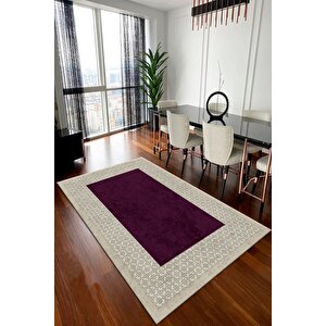 Makinede Yıkanabilir Leke Tutmaz  bej-mürdüm Pvc Deri Kaymaz Taban Modern Salon Saçaksız Halı B1326-2 180x280 cm