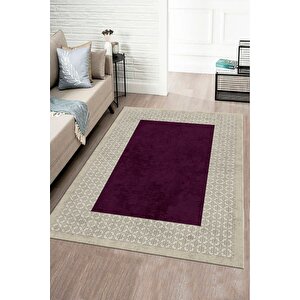 Makinede Yıkanabilir Leke Tutmaz  bej-mürdüm Pvc Deri Kaymaz Taban Modern Salon Saçaksız Halı B1326-2