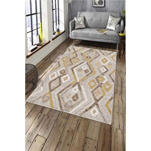 Makinede Yıkanabilir Leke Tutmaz  hardal Deko Deri Kaymaz Taban Etnik Salon Saçaksız Halı A277 200x300 cm