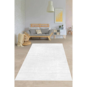 Makinede Yıkanabilir Leke Tutmaz  beyaz Pvc Deri Kaymaz Taban Modern Salon Saçaksız Halı A28-1 100x200 cm
