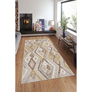 Makinede Yıkanabilir Leke Tutmaz  hardal Deko Deri Kaymaz Taban Etnik Salon Saçaksız Halı A277 80x200 cm