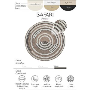 Safari 674 Siyah Yuvarlak Dekoratif Etnik Halı Natural Mutfak Halısı Rüstik Retro Halı 200x200 cm