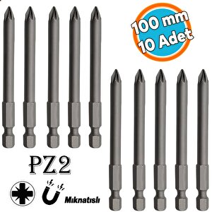 Mıknatıslı Pozidriv Bits Uç Pz2 100 Mm 10'lu Set Kutulu Manyetik 1/4" Matkap Ucu Vidalama 10 Cm