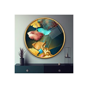 Gold Yapraklar Yuvarlak Cam Tablo | Hediyelik, Dekoratif, Ofis, Mutfak